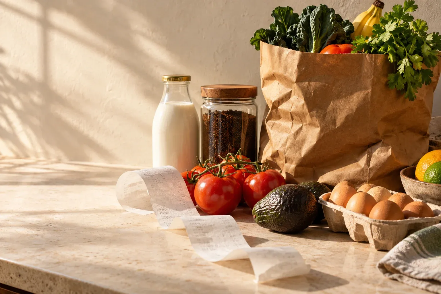 Everyday groceries, coffee, milk and a receipt on a sunlit counter.