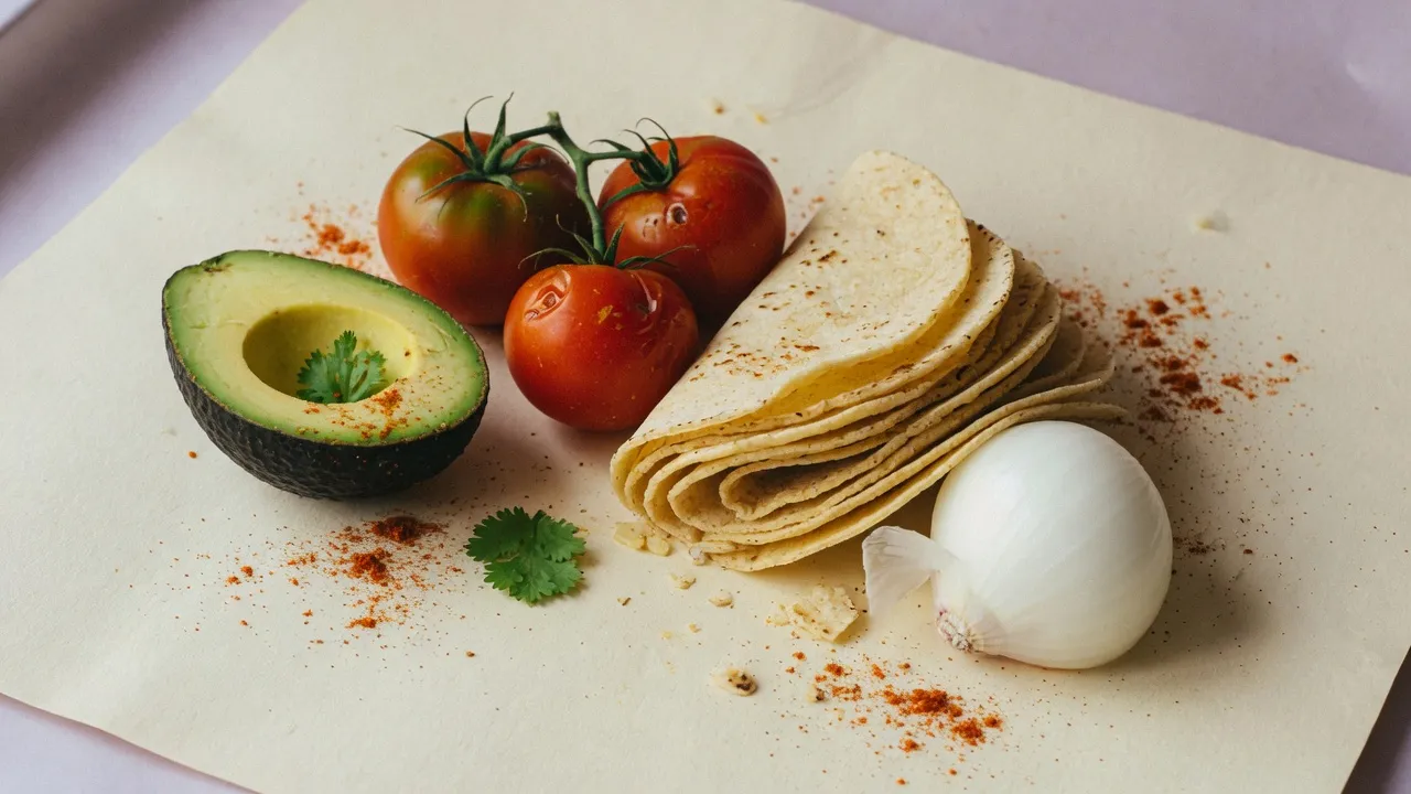 Avocados, tomatoes, tortillas and onion on cream paper.
