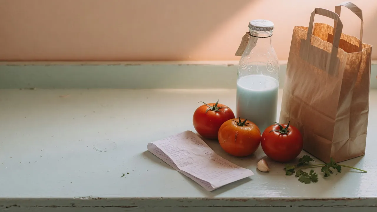 Groceries and a receipt on a kitchen counter.