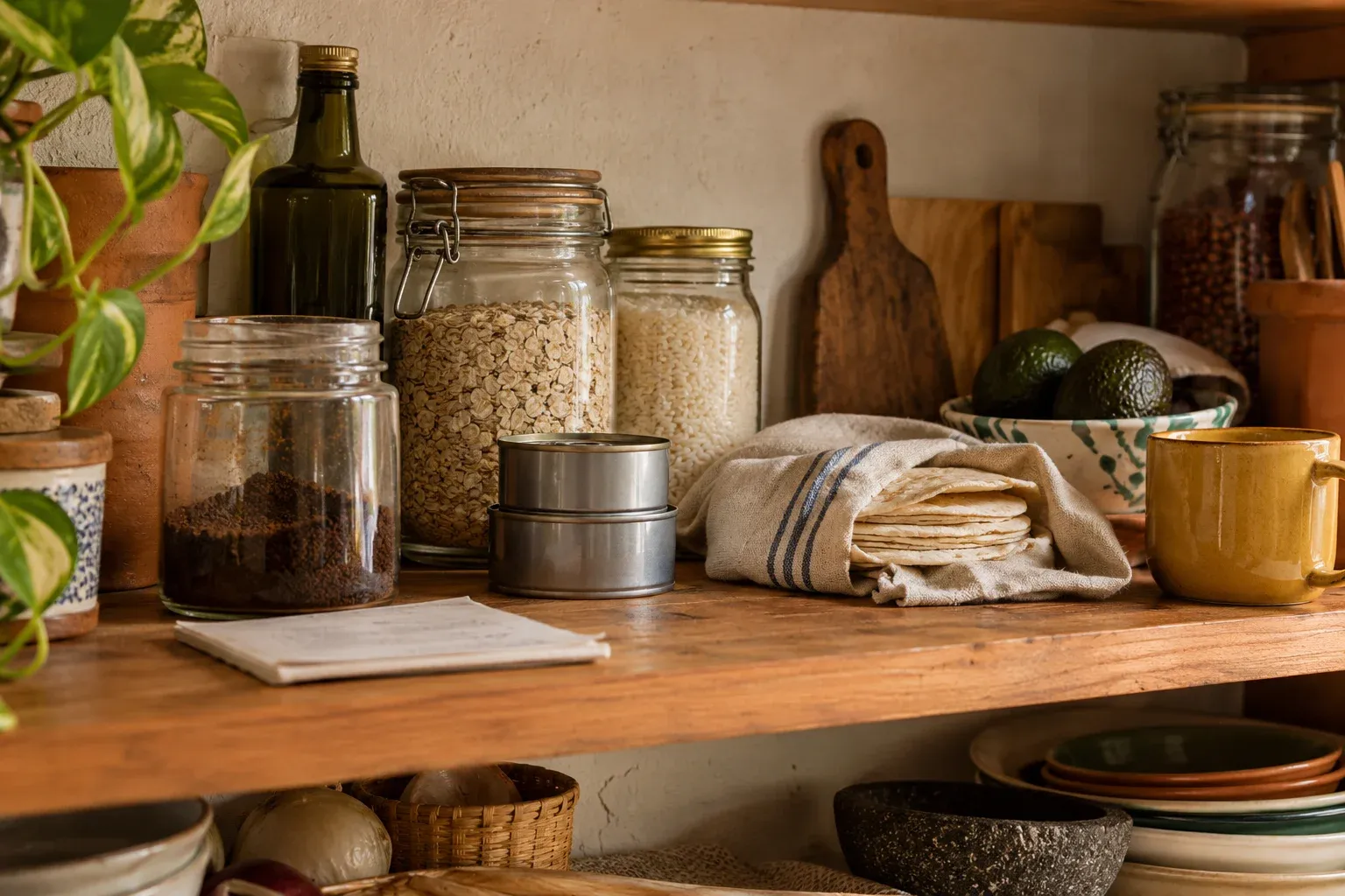 A warm kitchen pantry with coffee, oats, rice and tortillas.