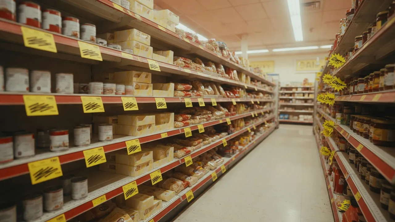 A supermarket aisle with price labels.