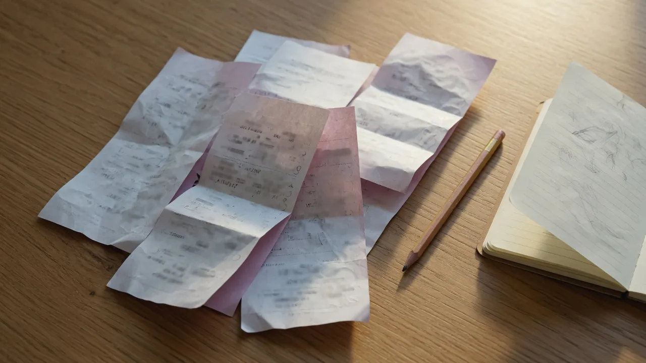 Thermal receipts on a wooden table next to a notebook.